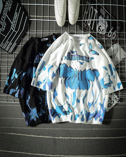 Vibrant Butterfly Urban Tee -  blue butterfly prints - Vibrant Butterfly Urban Tee for Edgy Streetwear Style - View 3