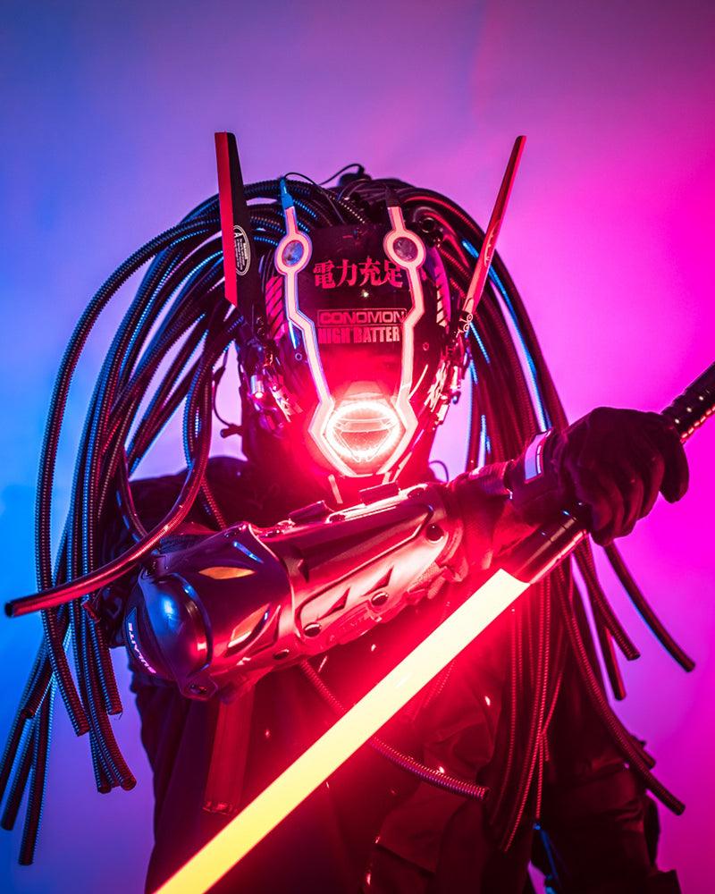 Vibrant Cyberpunk Dreadlock Helmet -  techwear mask - Vibrant Cyberpunk Dreadlock Helmet with LED Lights - View 9