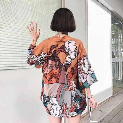 Vibrant Orange Patterned Haori -  cultural fusion - Vibrant Orange Patterned Haori Jacket for Artistic Style - View 3