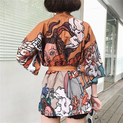 Vibrant Orange Patterned Haori - short kimono haori - Vibrant Orange Patterned Haori Jacket for Artistic Style - View 2