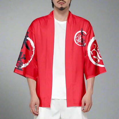Vibrant Red and White Kimono -  floral print - Red and White Kimono Jacket with Floral Prints - View 4