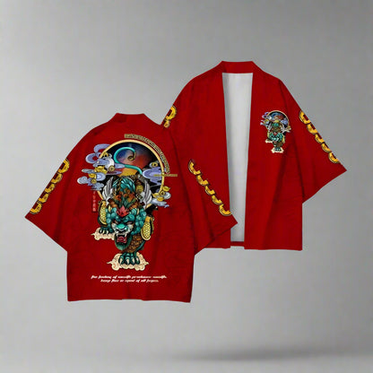 Vibrant Red Haori Ensemble - traditional haori set - Traditional Red Haori Set with Dragon and Koi Designs - View 3