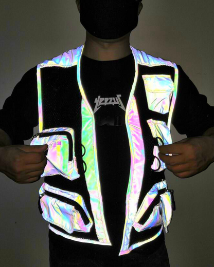 Vibrant Reflective Multi-Pocket Vest -  black reflective vest - Vibrant Reflective Multi-Pocket Vest for Street Style - View 3