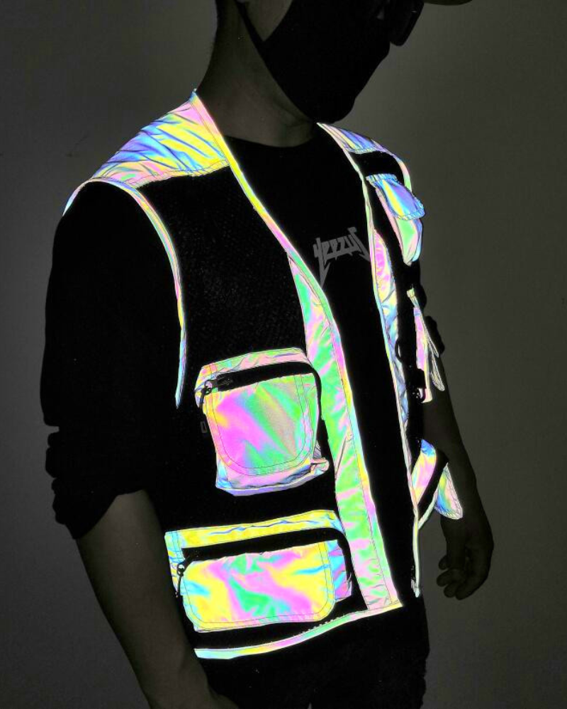 Vibrant Reflective Multi-Pocket Vest - techwear vest - Vibrant Reflective Multi-Pocket Vest for Street Style - View 2