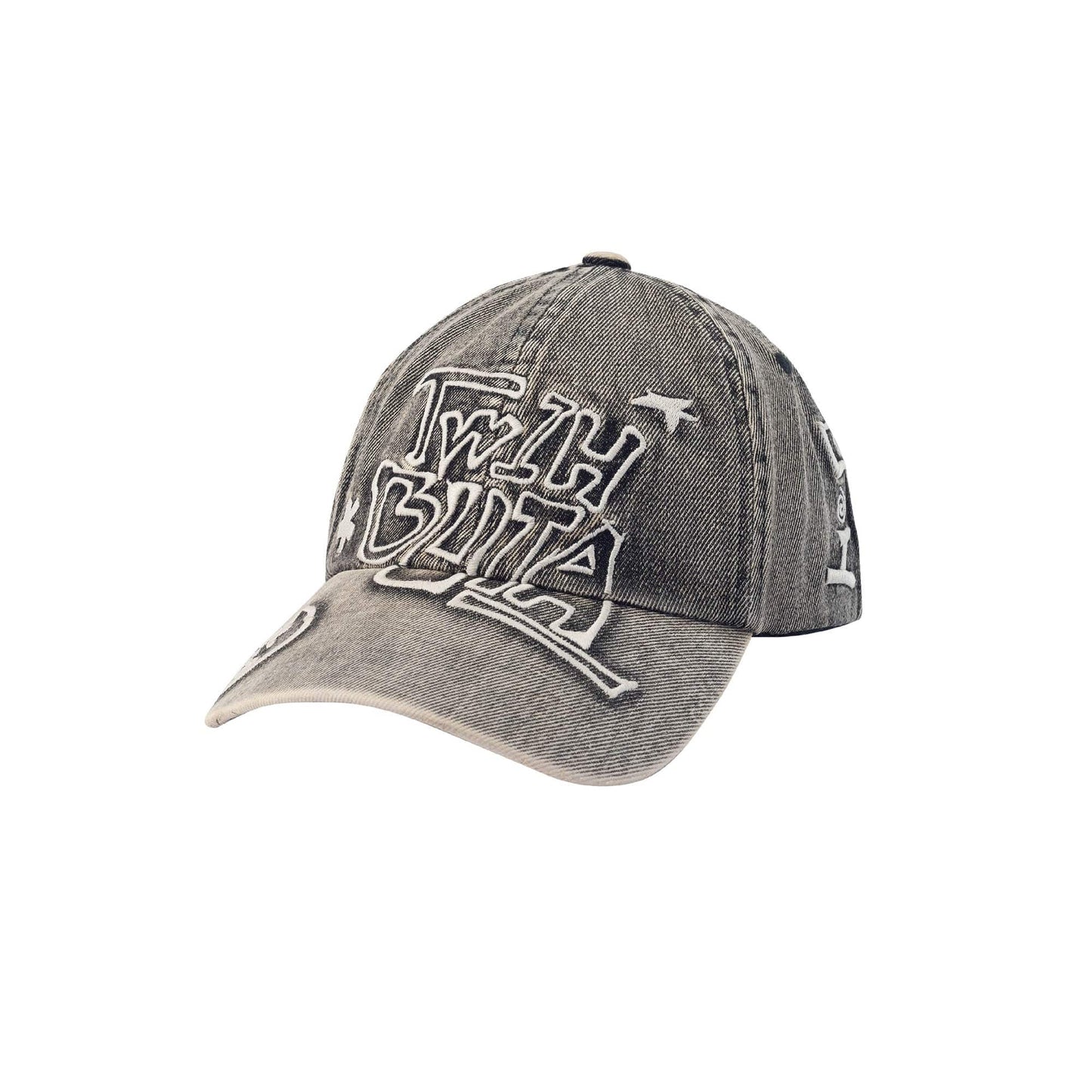 Vintage Embroidered Denim Cap - denim cap - Vintage Embroidered Denim Cap with Hand-Drawn Logo - Main view