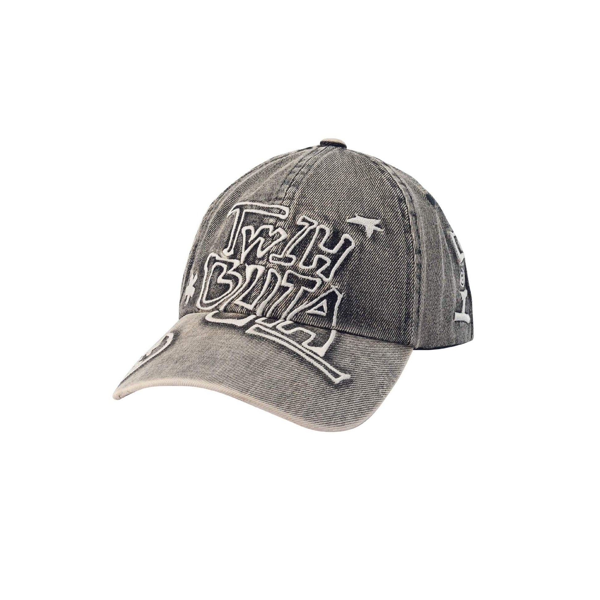 Vintage Embroidered Denim Cap - denim cap - Vintage Embroidered Denim Cap with Hand-Drawn Logo - Main view