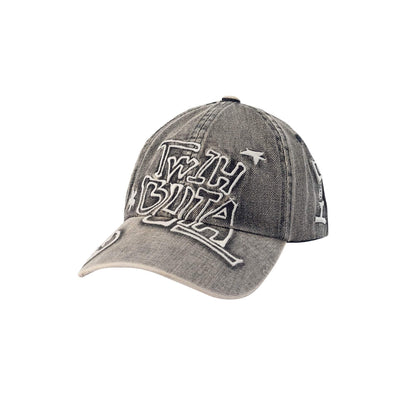 Vintage Embroidered Denim Cap - denim cap - Vintage Embroidered Denim Cap with Hand-Drawn Logo - Main view