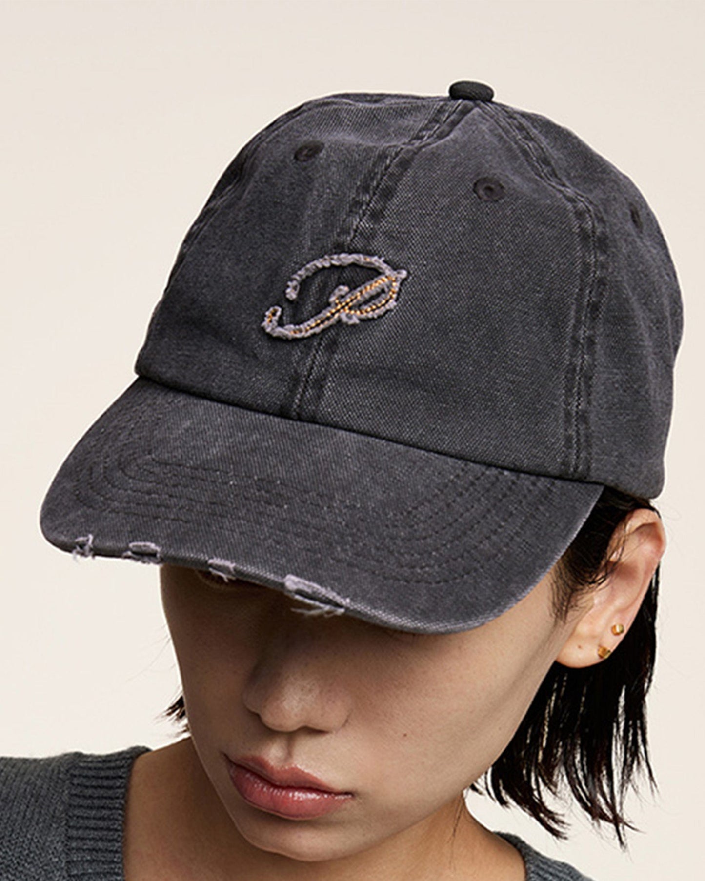 Vintage Logo Embroidered Cap -  raw edge design cap - Distressed Vintage Logo Embroidered Cap - View 14