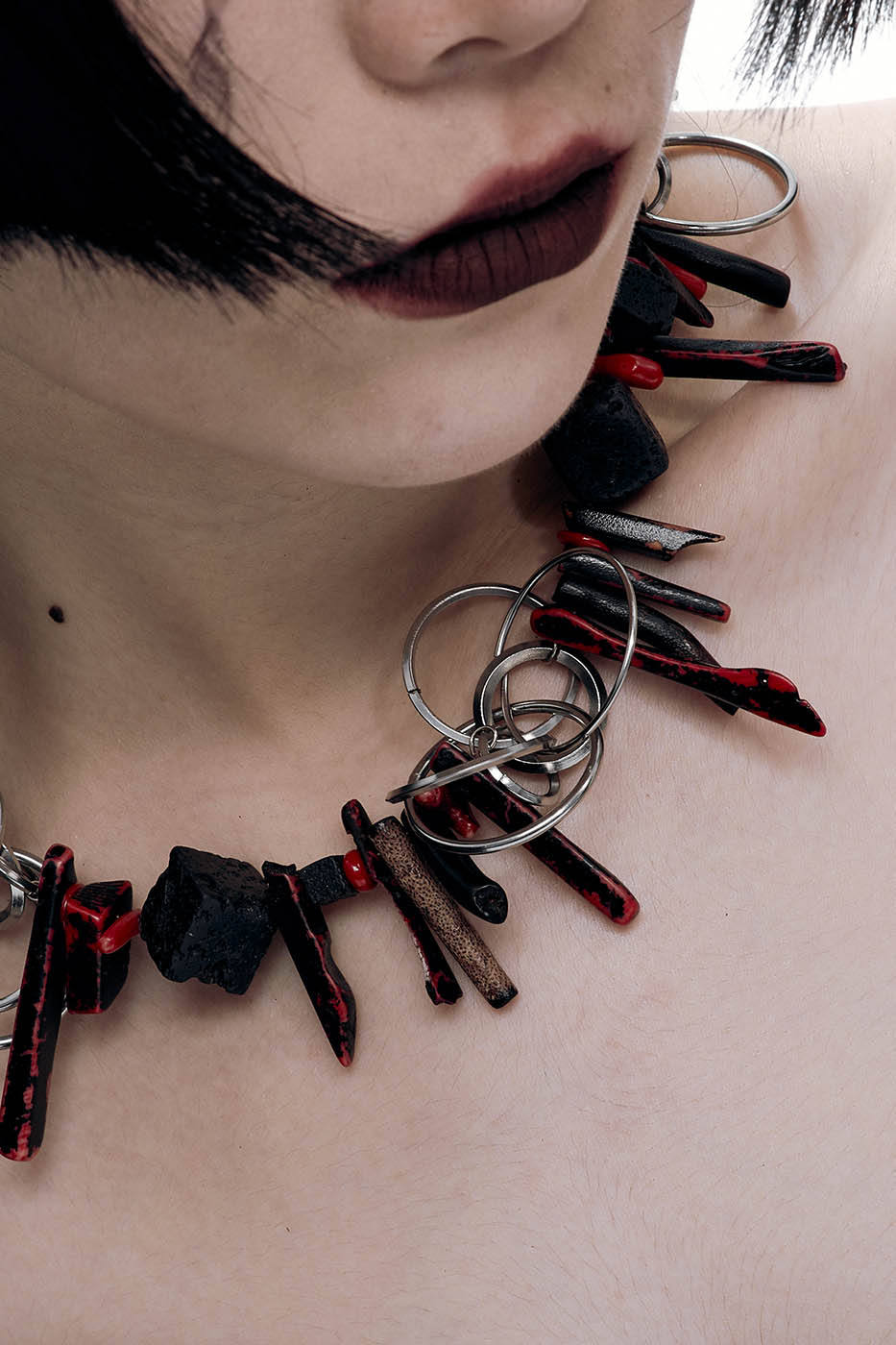 Volcanic Shard Loop Necklace - avant-garde jewelry - Volcanic Shard Loop Necklace with Unique Coral and Stone - View 8