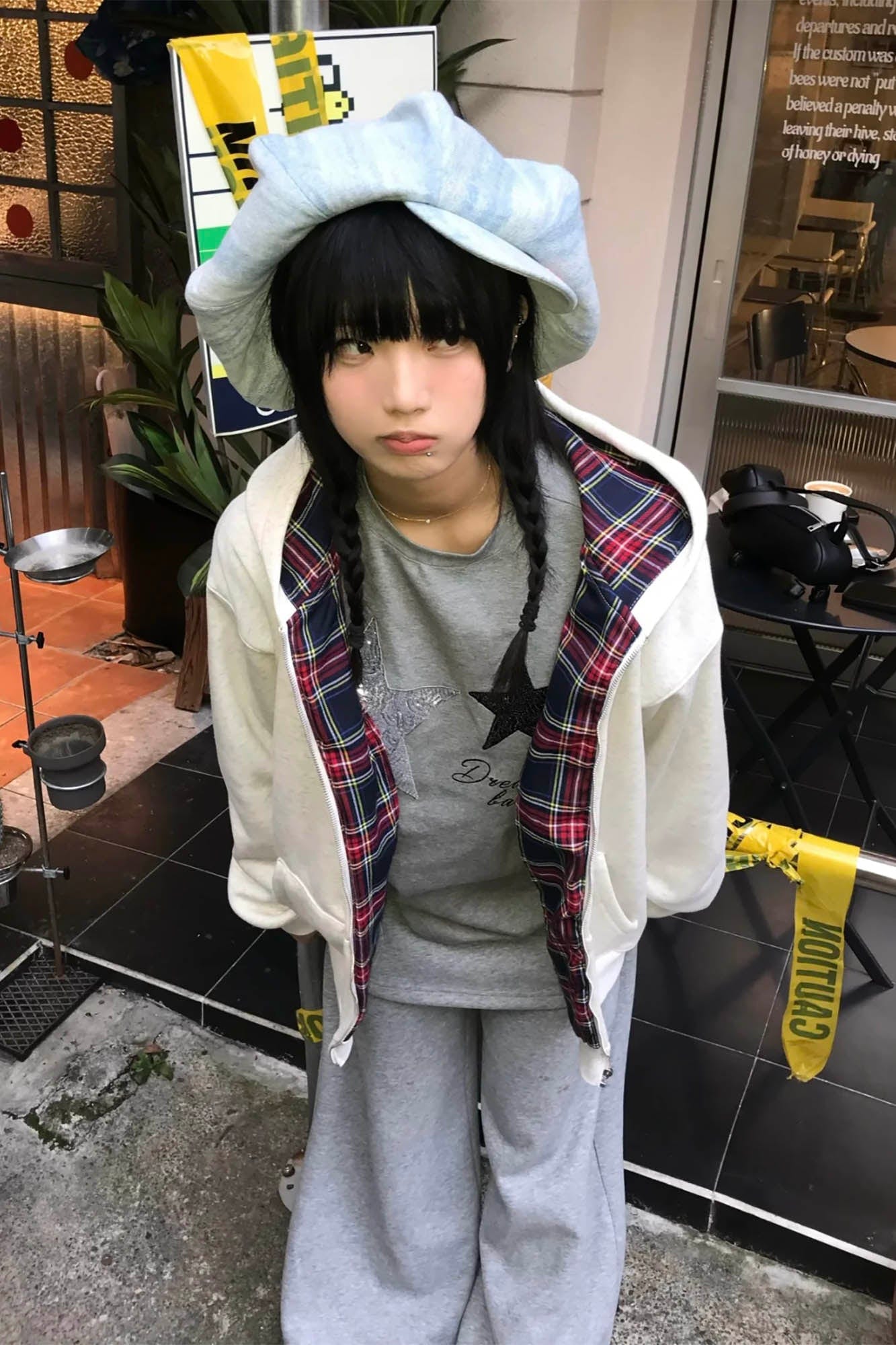 Washed Denim Embroidered Newsboy Cap -  adjustable cap - Washed Denim Newsboy Cap with Playful Piglet Design - View 11