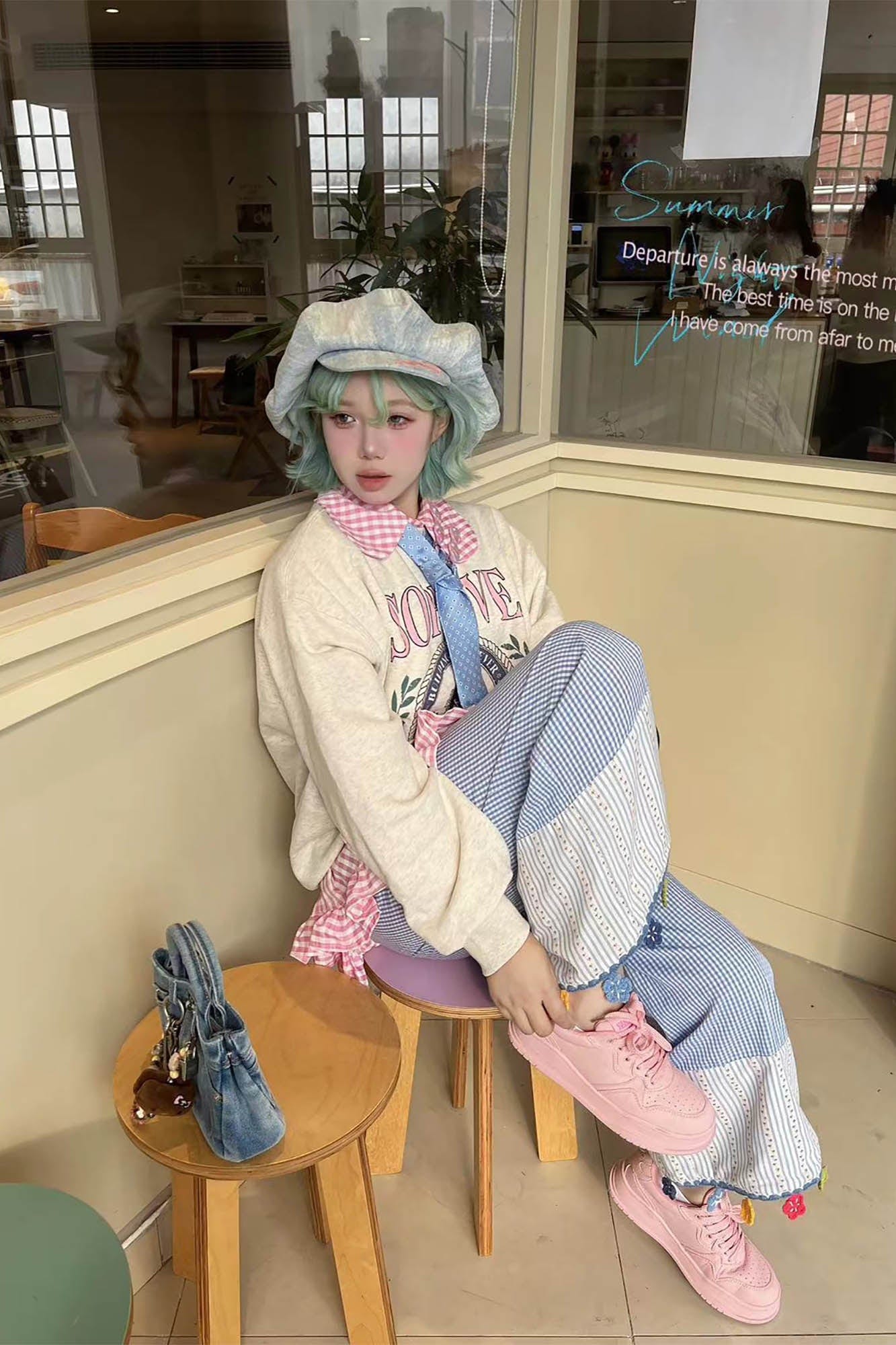 Washed Denim Embroidered Newsboy Cap -  cotton newsboy cap - Washed Denim Newsboy Cap with Playful Piglet Design - View 5