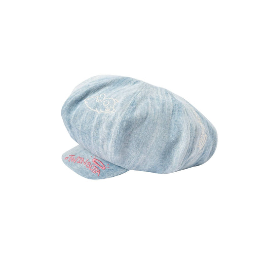 Washed Denim Embroidered Newsboy Cap - denim cap - Washed Denim Newsboy Cap with Playful Piglet Design - Main view