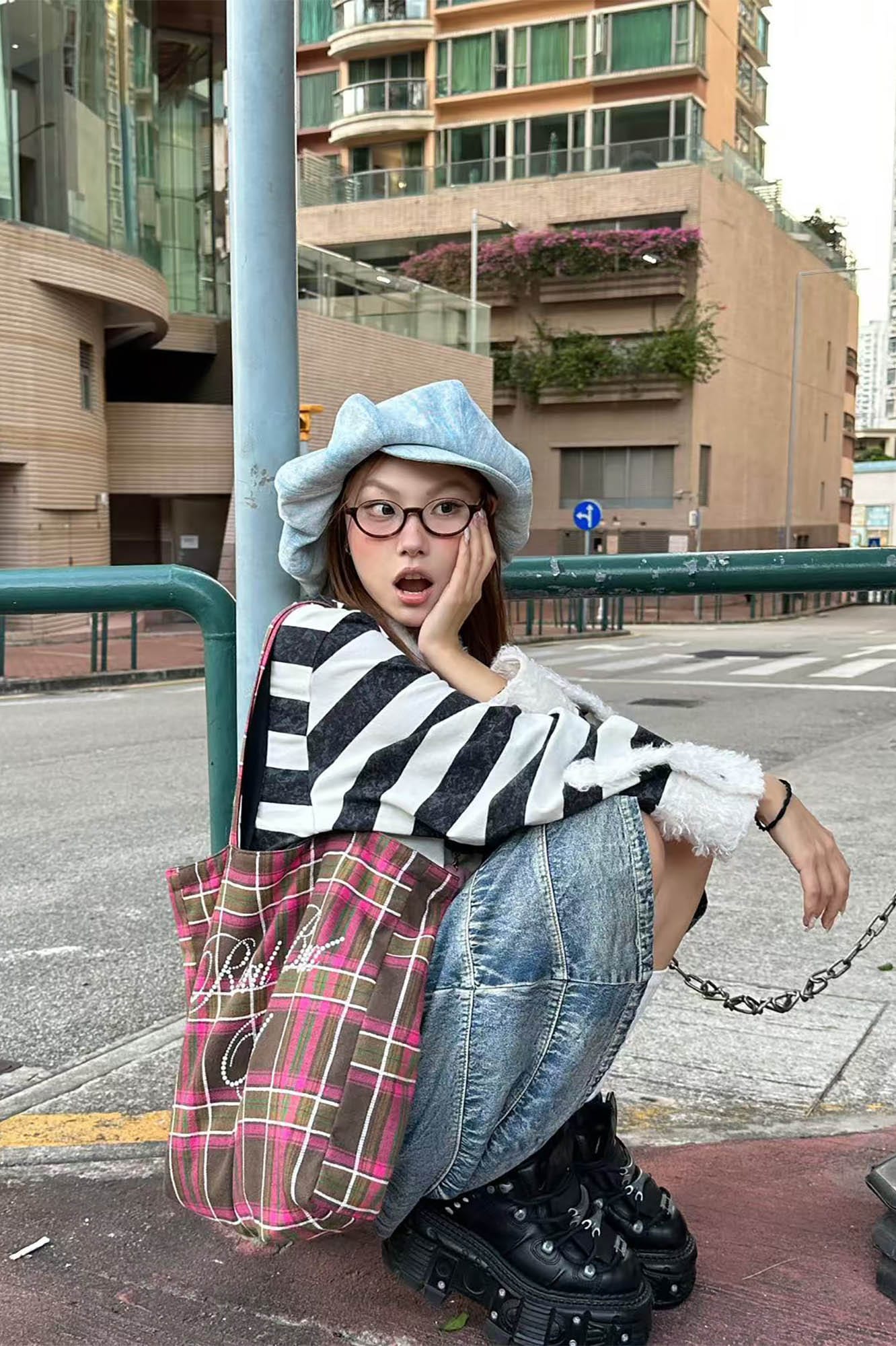 Washed Denim Embroidered Newsboy Cap -  embroidered hat - Washed Denim Newsboy Cap with Playful Piglet Design - View 6