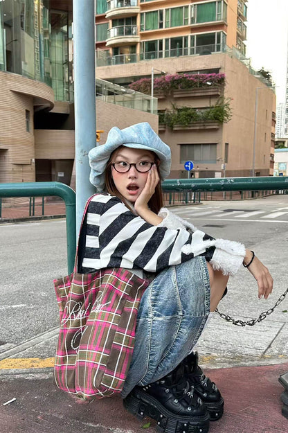 Washed Denim Embroidered Newsboy Cap -  embroidered hat - Washed Denim Newsboy Cap with Playful Piglet Design - View 6