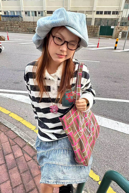 Washed Denim Embroidered Newsboy Cap -  newsboy cap - Washed Denim Newsboy Cap with Playful Piglet Design - View 7