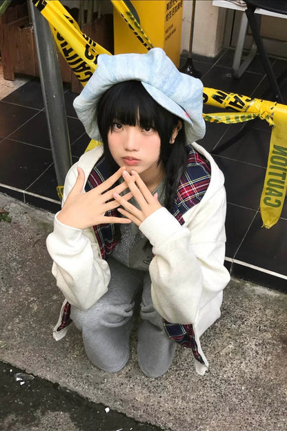 Washed Denim Embroidered Newsboy Cap - streetwear hat - Washed Denim Newsboy Cap with Playful Piglet Design - View 10