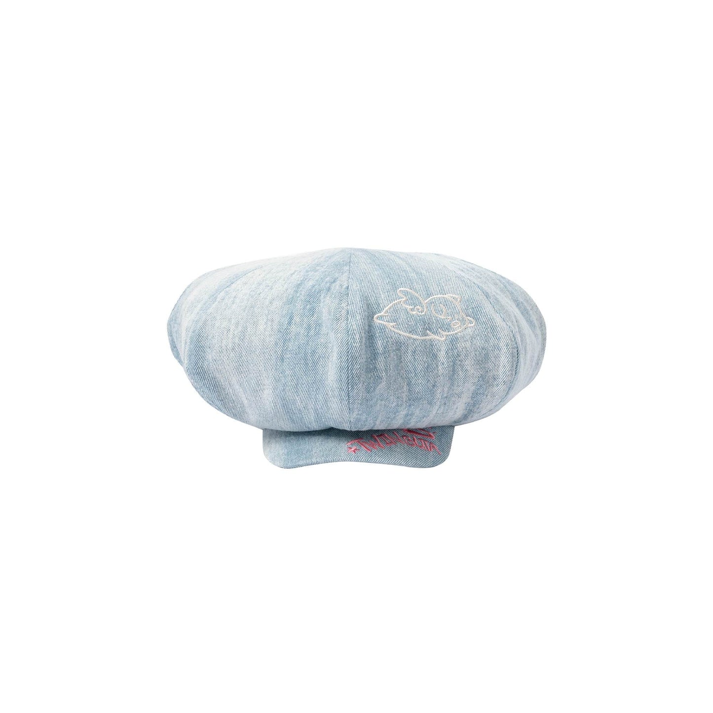 Washed Denim Embroidered Newsboy Cap - streetwear hat - Washed Denim Newsboy Cap with Playful Piglet Design - View 3