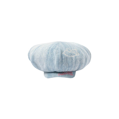 Washed Denim Embroidered Newsboy Cap - streetwear hat - Washed Denim Newsboy Cap with Playful Piglet Design - View 3