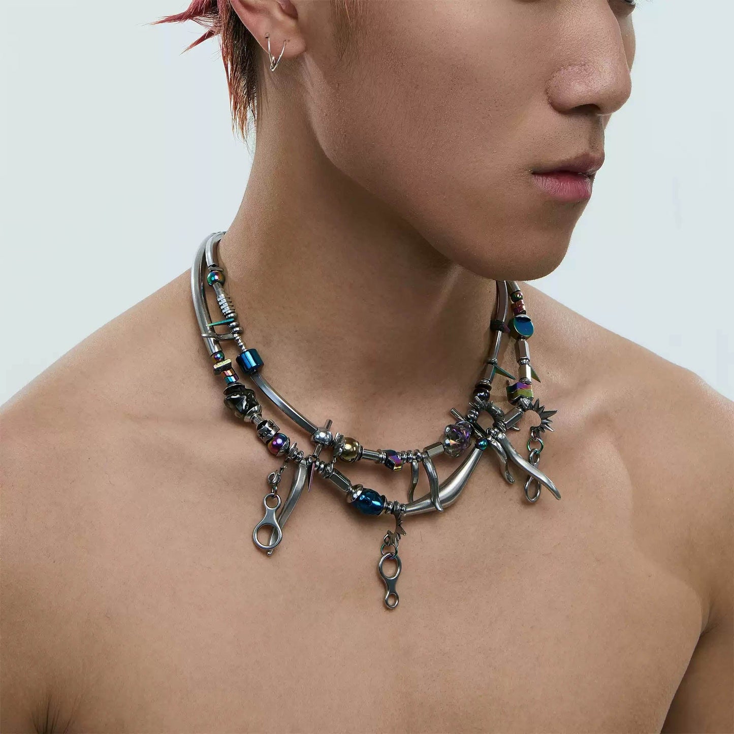 “Wavy Beaded Hardware Necklace” - asymmetrical necklace - Asymmetrical Wavy Beaded Hardware Necklace - Main view