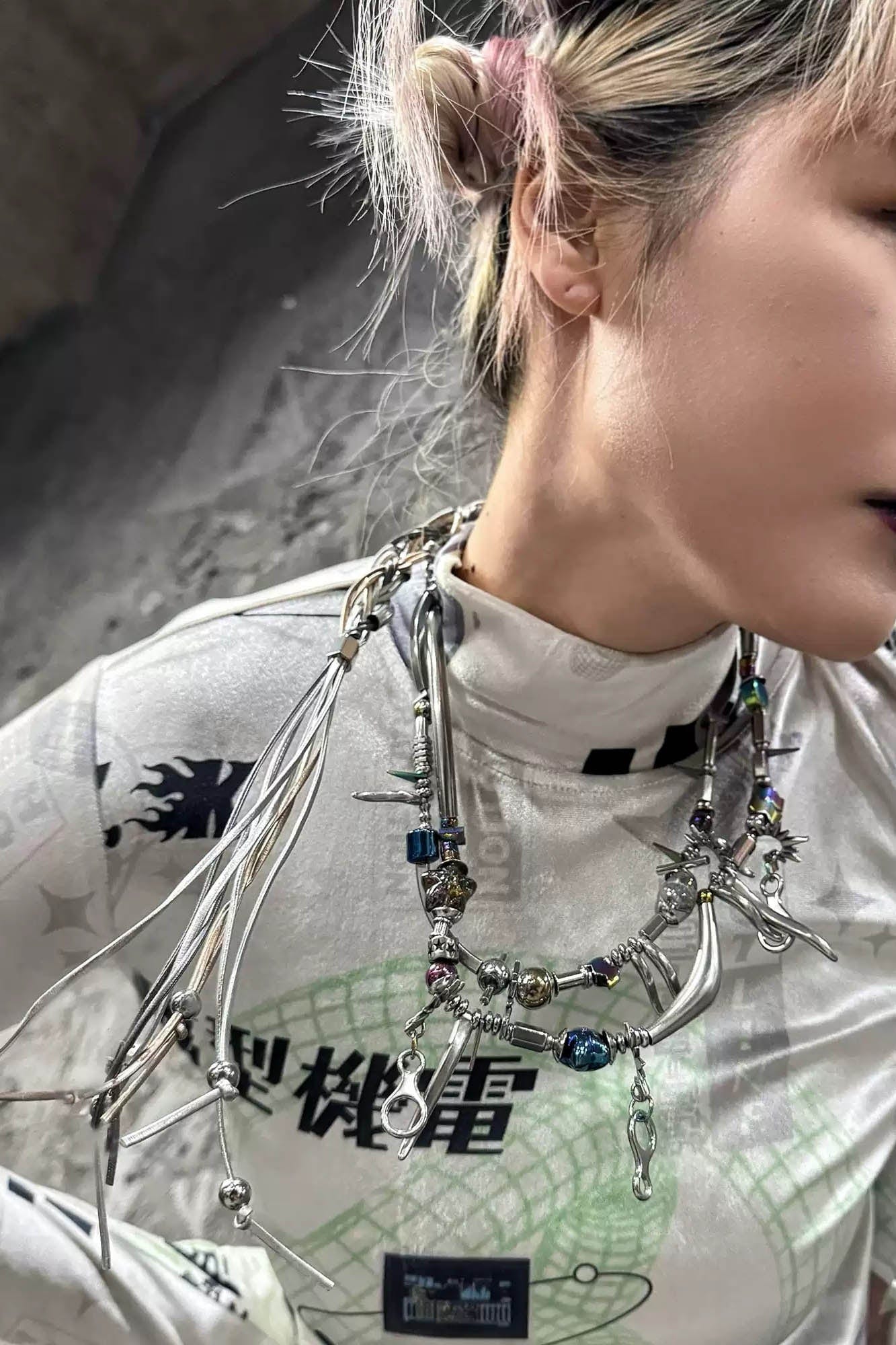 “Wavy Beaded Hardware Necklace” -  stainless steel - Asymmetrical Wavy Beaded Hardware Necklace - View 4