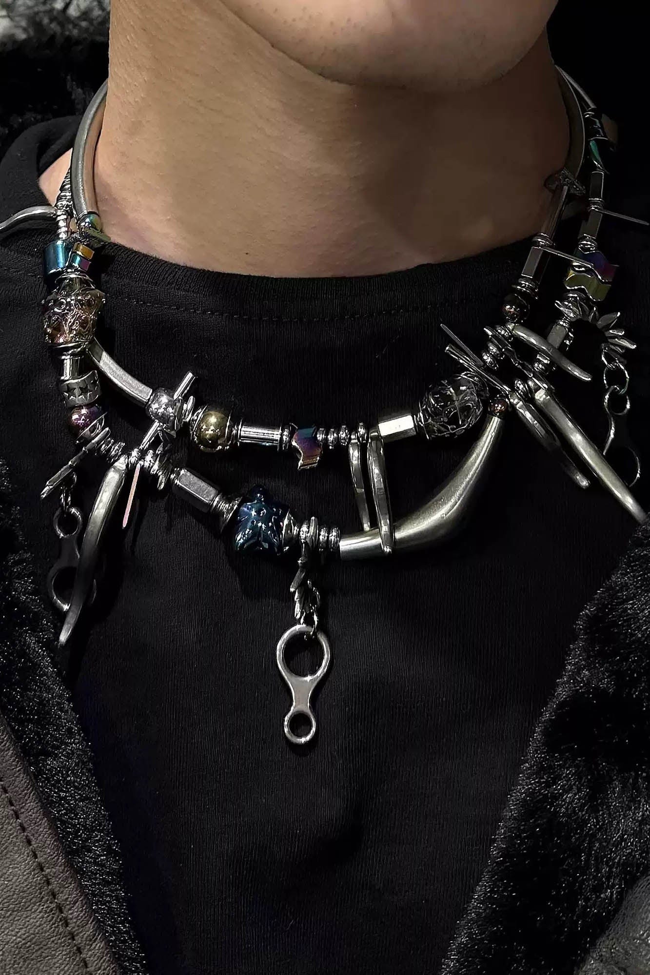 “Wavy Beaded Hardware Necklace” -  streetwear - Asymmetrical Wavy Beaded Hardware Necklace - View 5