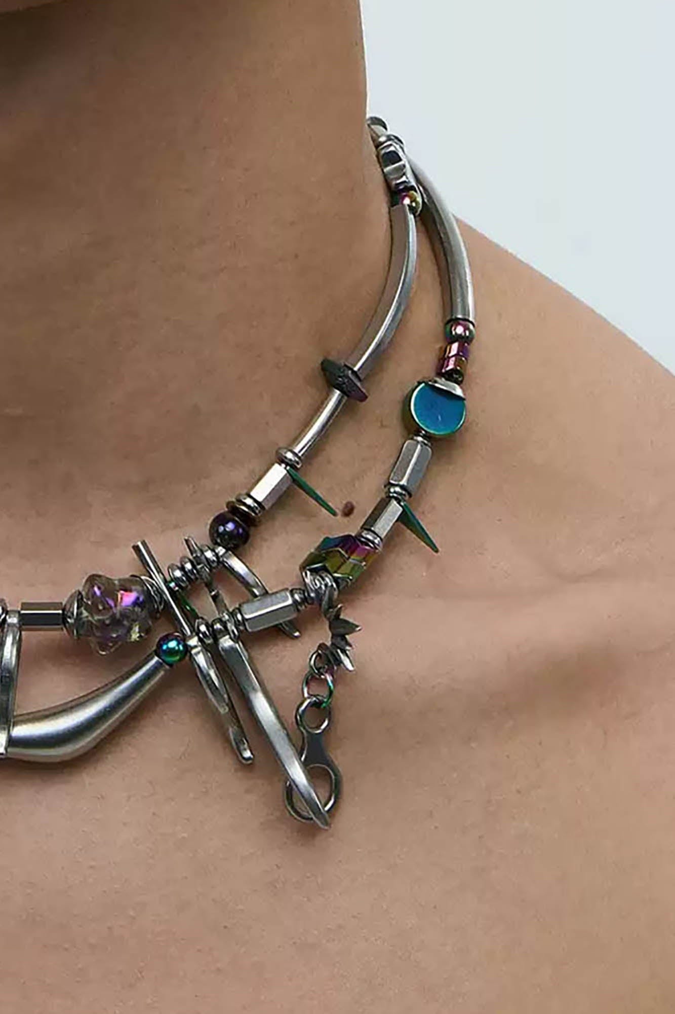 “Wavy Beaded Hardware Necklace” -  techwear - Asymmetrical Wavy Beaded Hardware Necklace - View 6