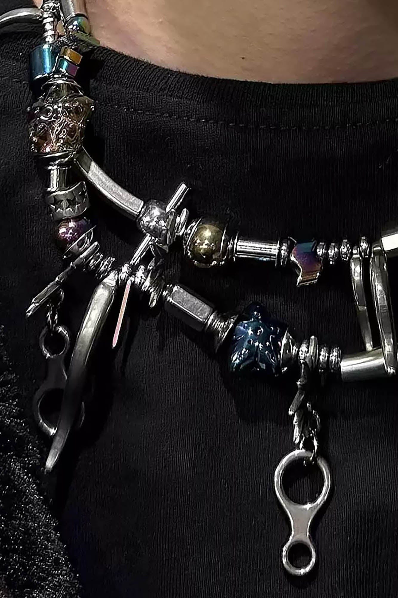 “Wavy Beaded Hardware Necklace” -  unique accessories - Asymmetrical Wavy Beaded Hardware Necklace - View 7
