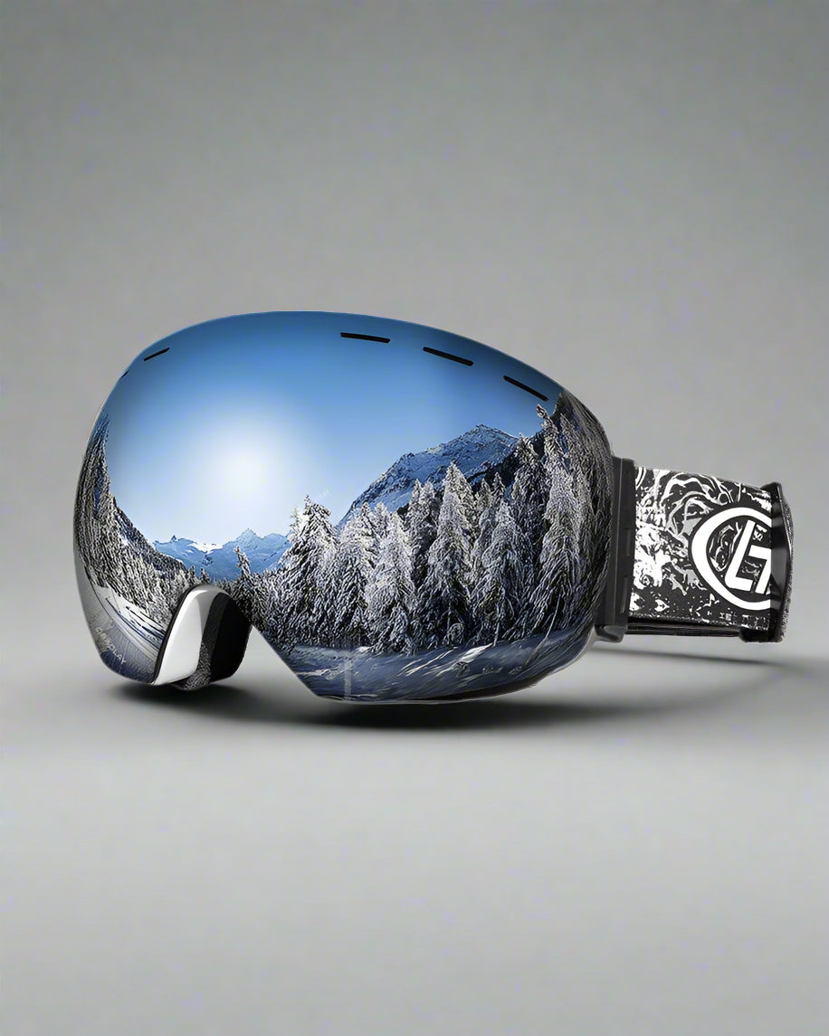 A pair of ski goggles with a reflective blue lens and a black strap featuring a white pattern. The goggles are designed to fit around the ears for a comfortable and secure fit.